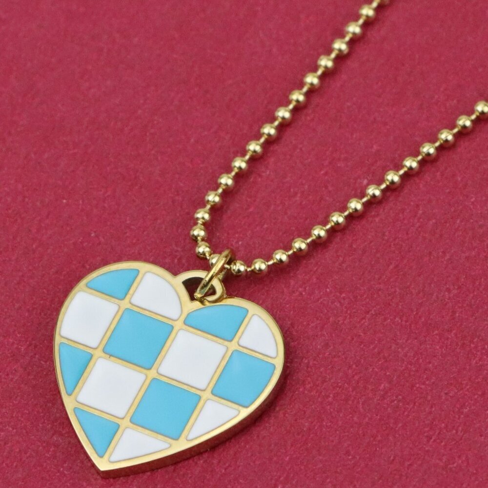 Gold Plated Blue Checkered Heart Pendant Necklace, XPNL0376